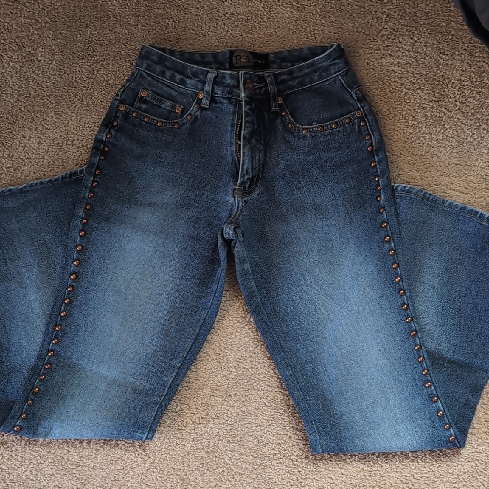 Flared Blue Jeans with Studded Details